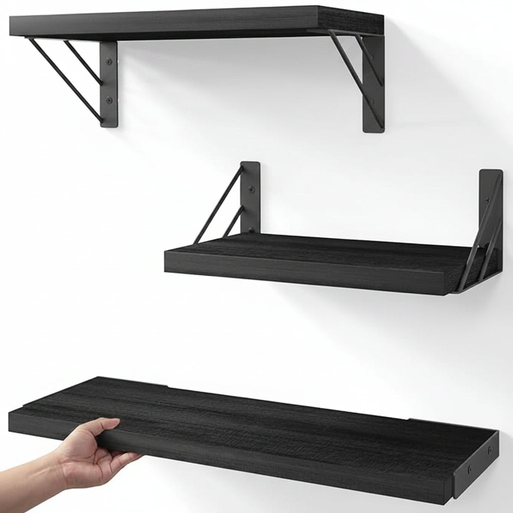 Black floating bathroom shelves set of 3 for wall storage and decor