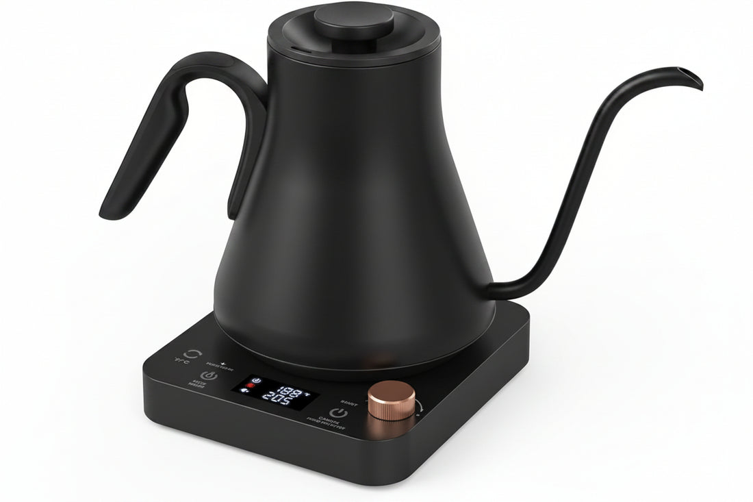 Black gooseneck electric kettle with digital temperature controls