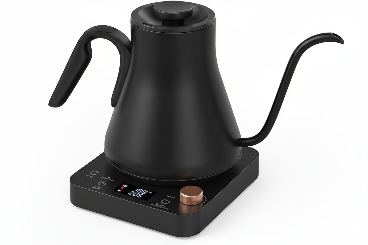 Black gooseneck electric kettle with digital temperature controls