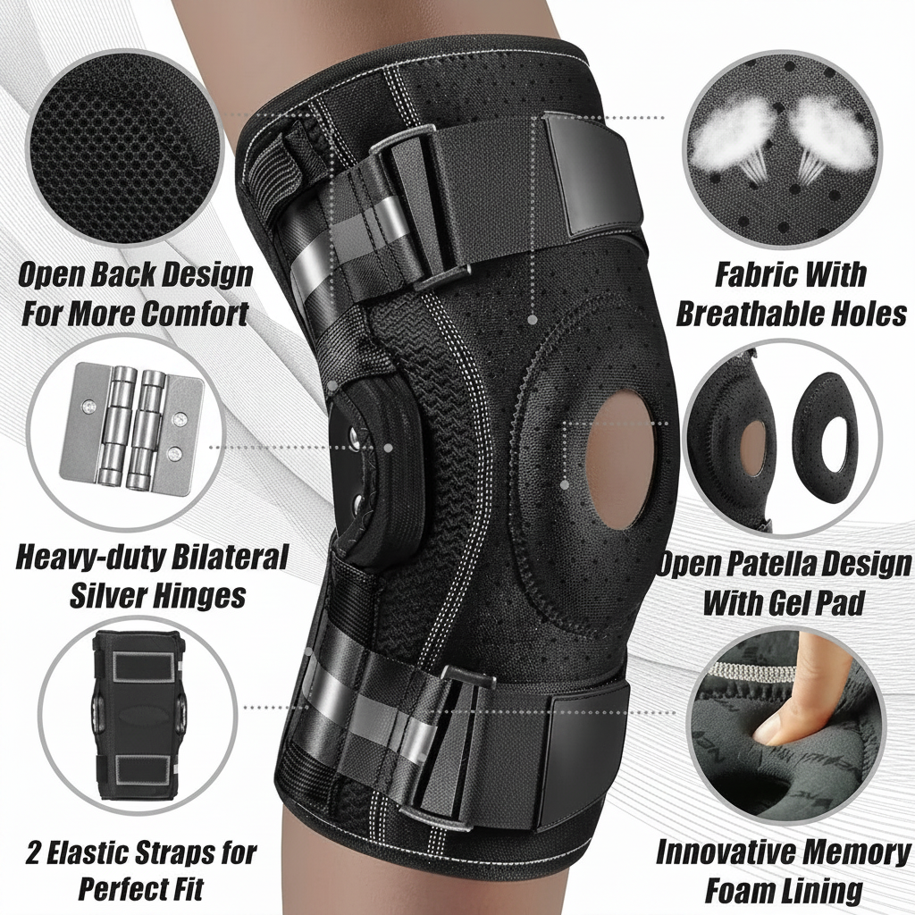 Black knee support for fitness and workouts