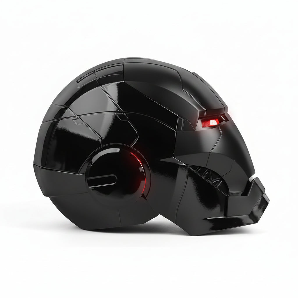 Black light-up cosplay helmet front view for role play display