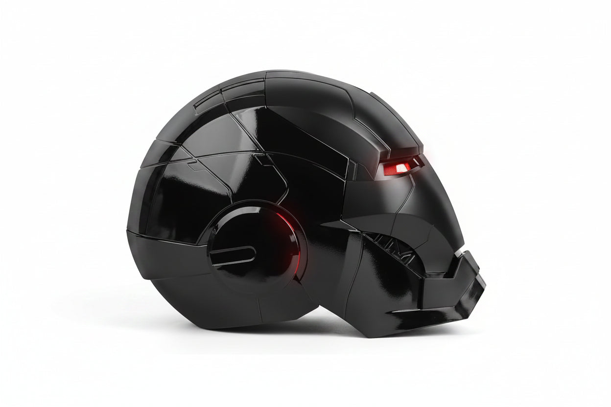 Black light-up cosplay helmet front view for role play display