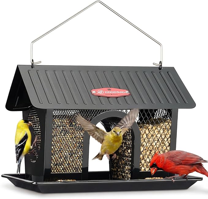 Black metal bird feeder with seed tray and 3 lb capacity