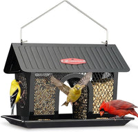 Black metal bird feeder with seed tray and 3 lb capacity