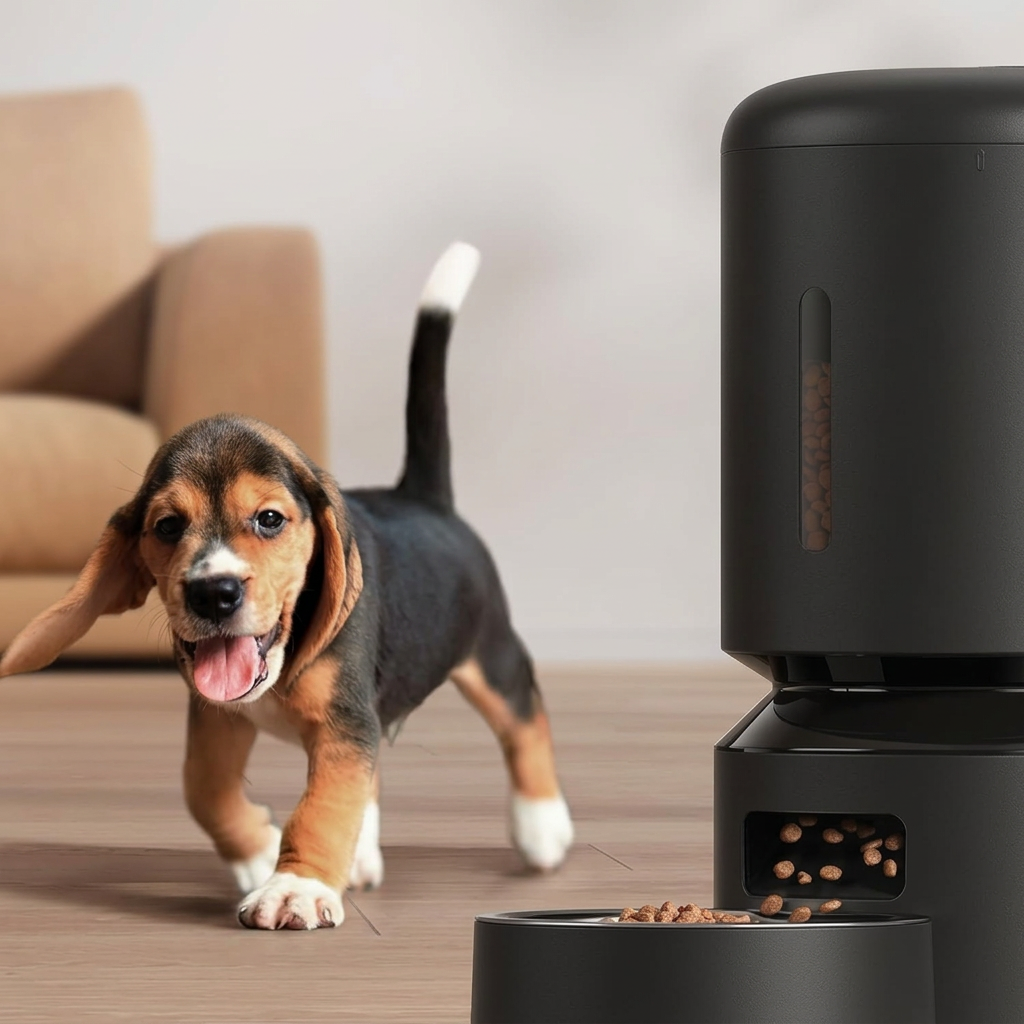 Black pet food dispenser with 5L container