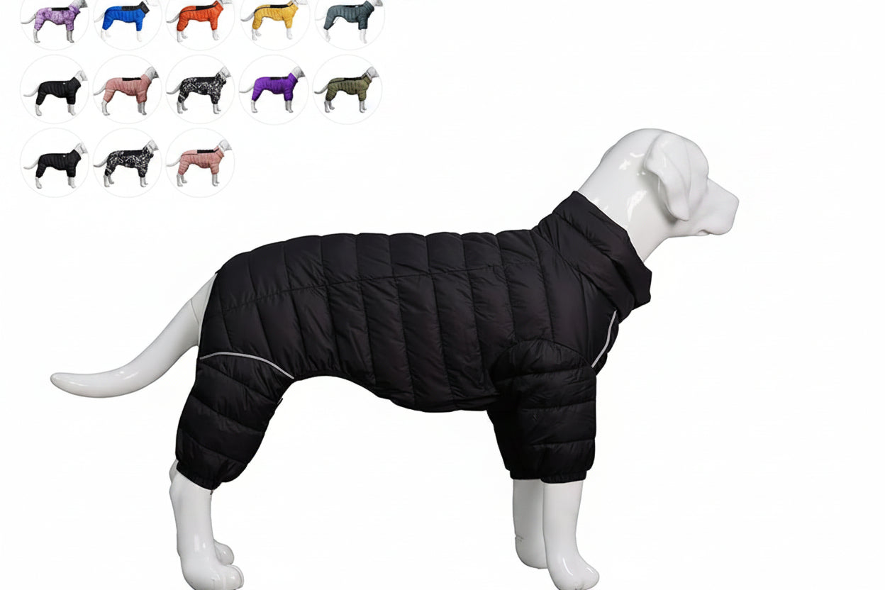 Black Reflective Dog Jacket With Four-Leg Design And Zipper Opening