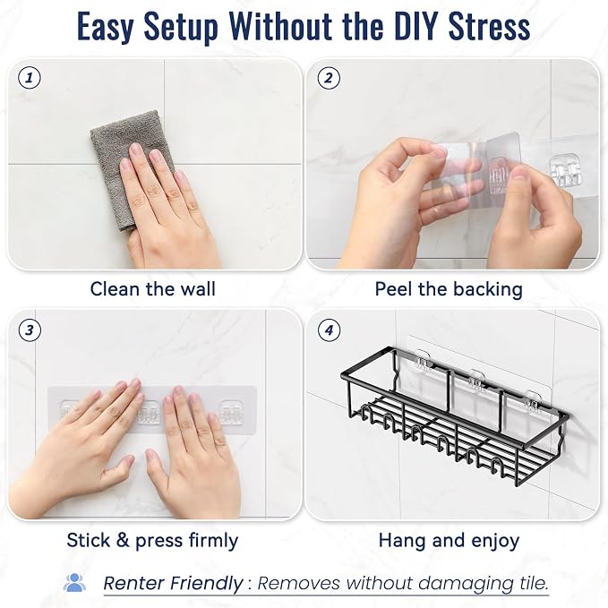 Black shower storage shelves for shampoo soap and toiletries