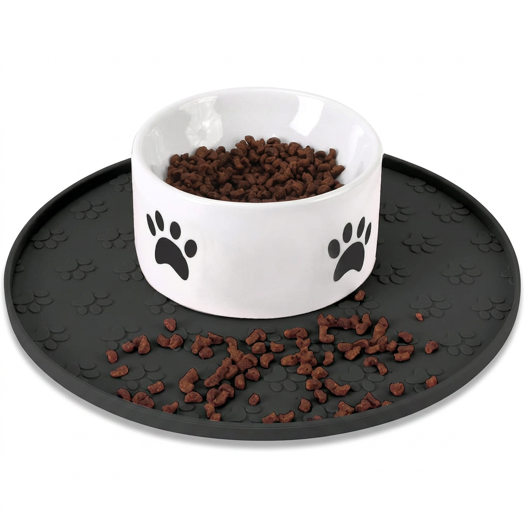 Black silicone pet food and water mat with raised edge