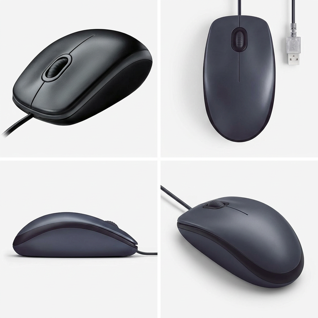 Black wired mouse with USB cable for stable computer connection