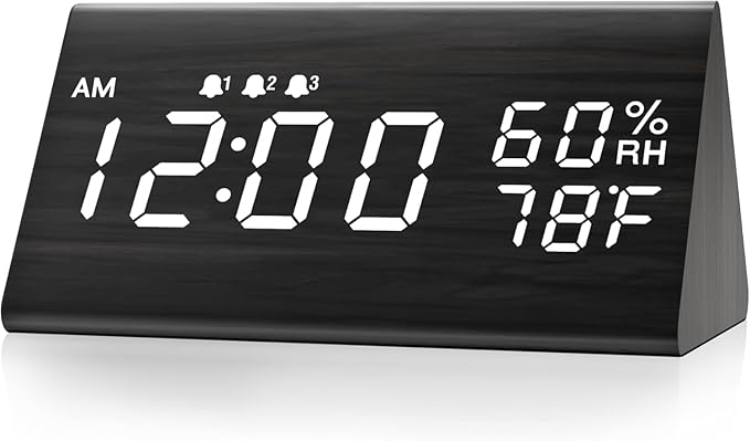 Black wooden digital alarm clock with large numbers for bedroom and office