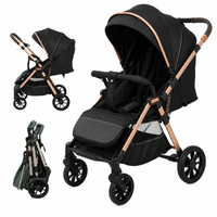 Black foldable baby stroller with large canopy and storage basket