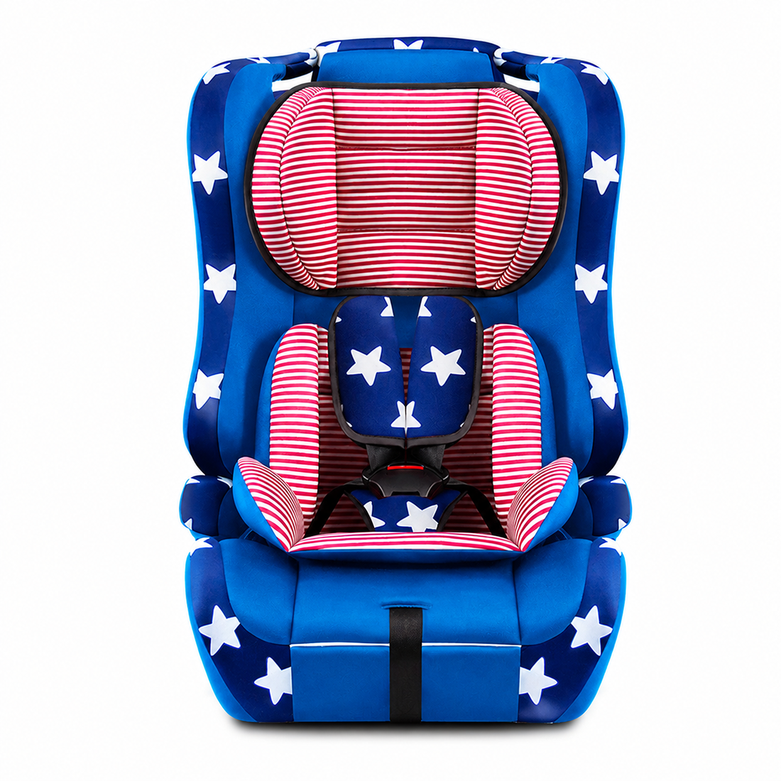 Blue baby car seat front view with star patterned padding