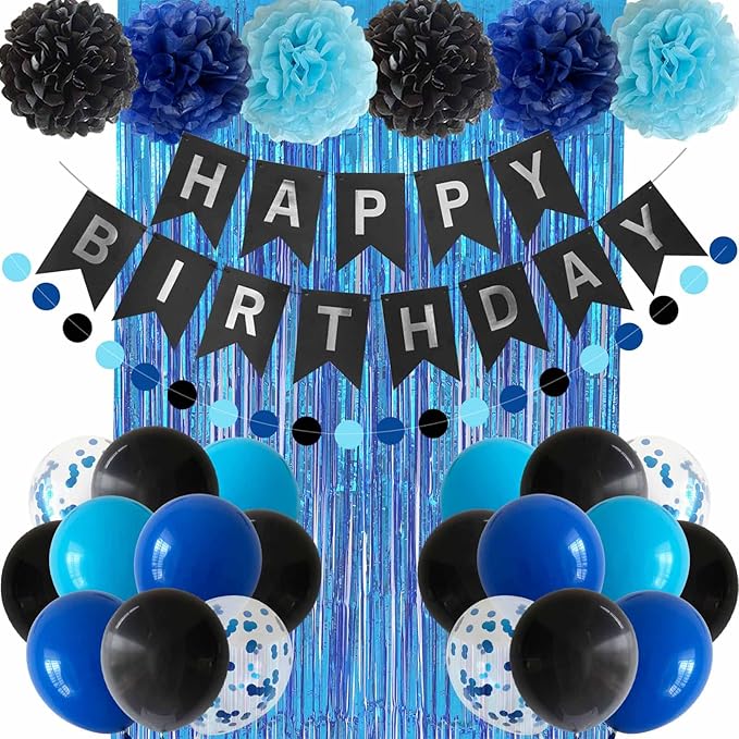 Blue and black birthday party decoration set with banner balloons and foil curtain