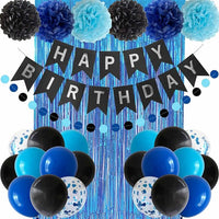 Blue and black birthday party decoration set with banner balloons and foil curtain