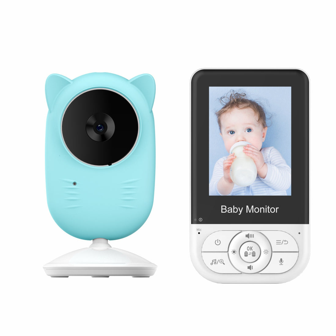 Blue cat-shaped baby camera with a white tabletop stand