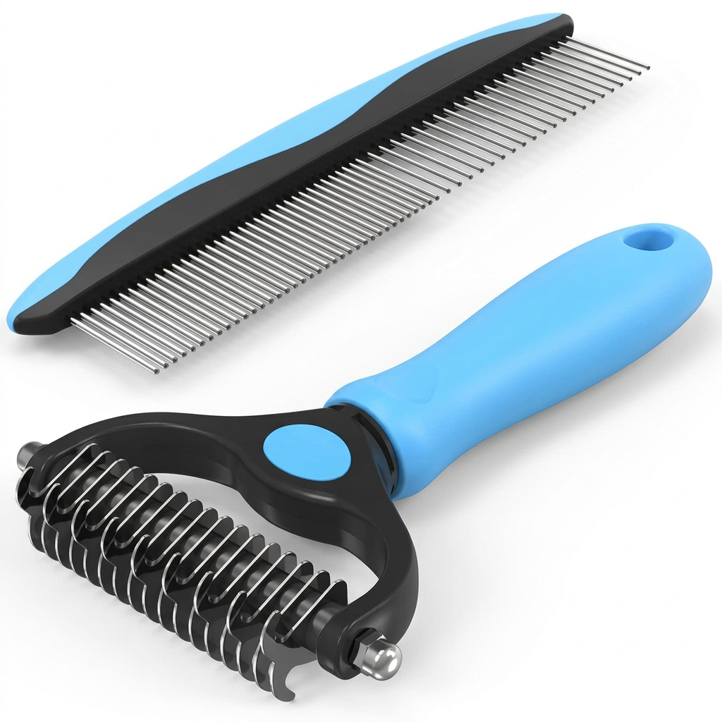 Blue dog comb and metal comb grooming set