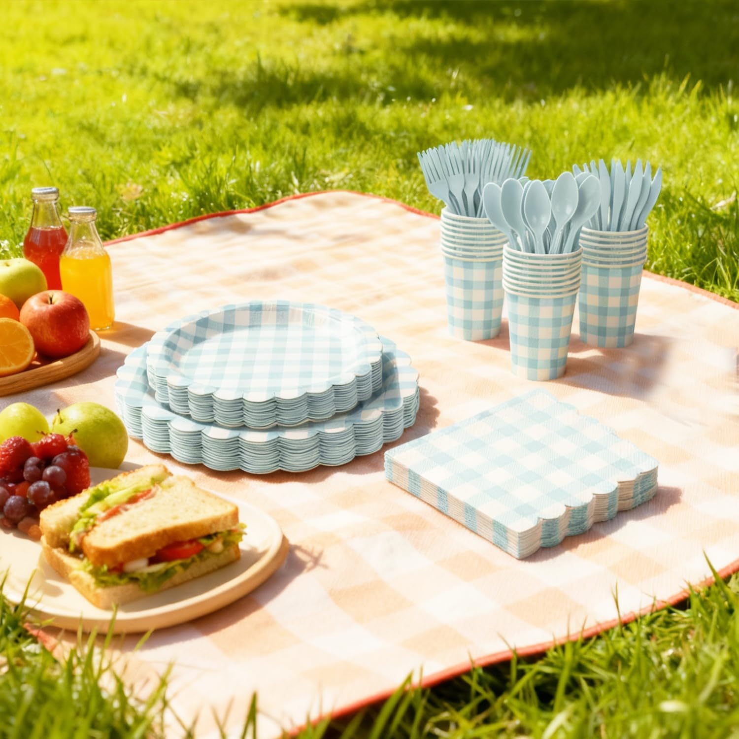  Blue gingham birthday party supplies with disposable tableware