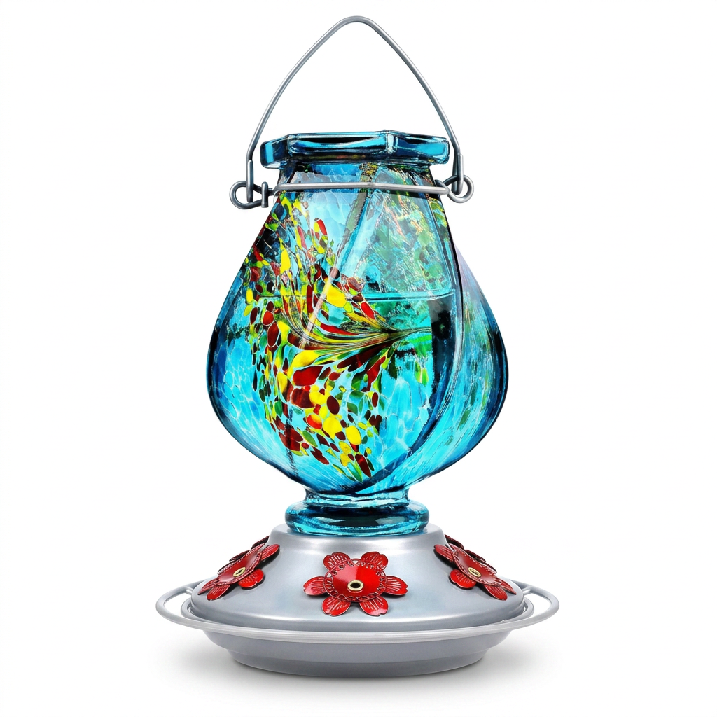 Blue glass hummingbird feeder with 5 flower-style openings