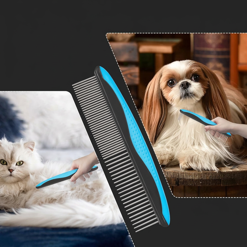 Front view of a blue pet grooming brush
