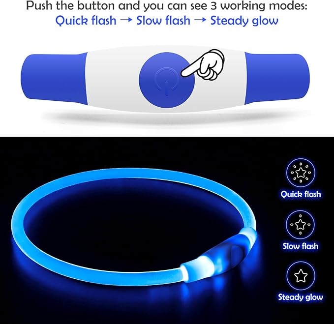 Front view of a blue light-up dog collar