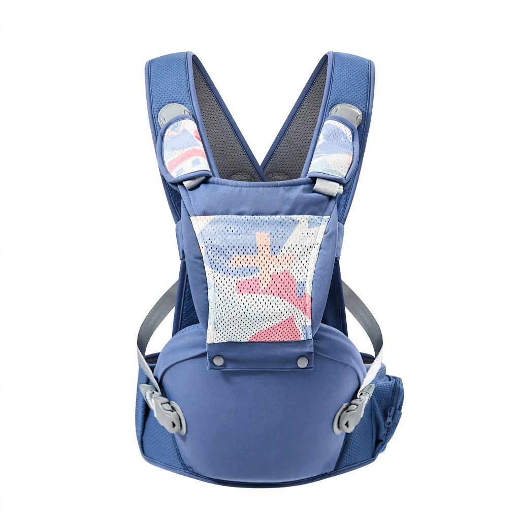 Front view of a blue infant carrier with patterned mesh panel and adjustable straps