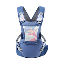 Front view of a blue infant carrier with patterned mesh panel and adjustable straps