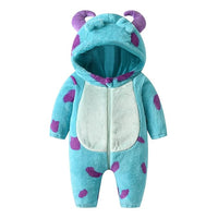 Turquoise-blue baby monster jumpsuit featuring purple spots and a cream tummy panel