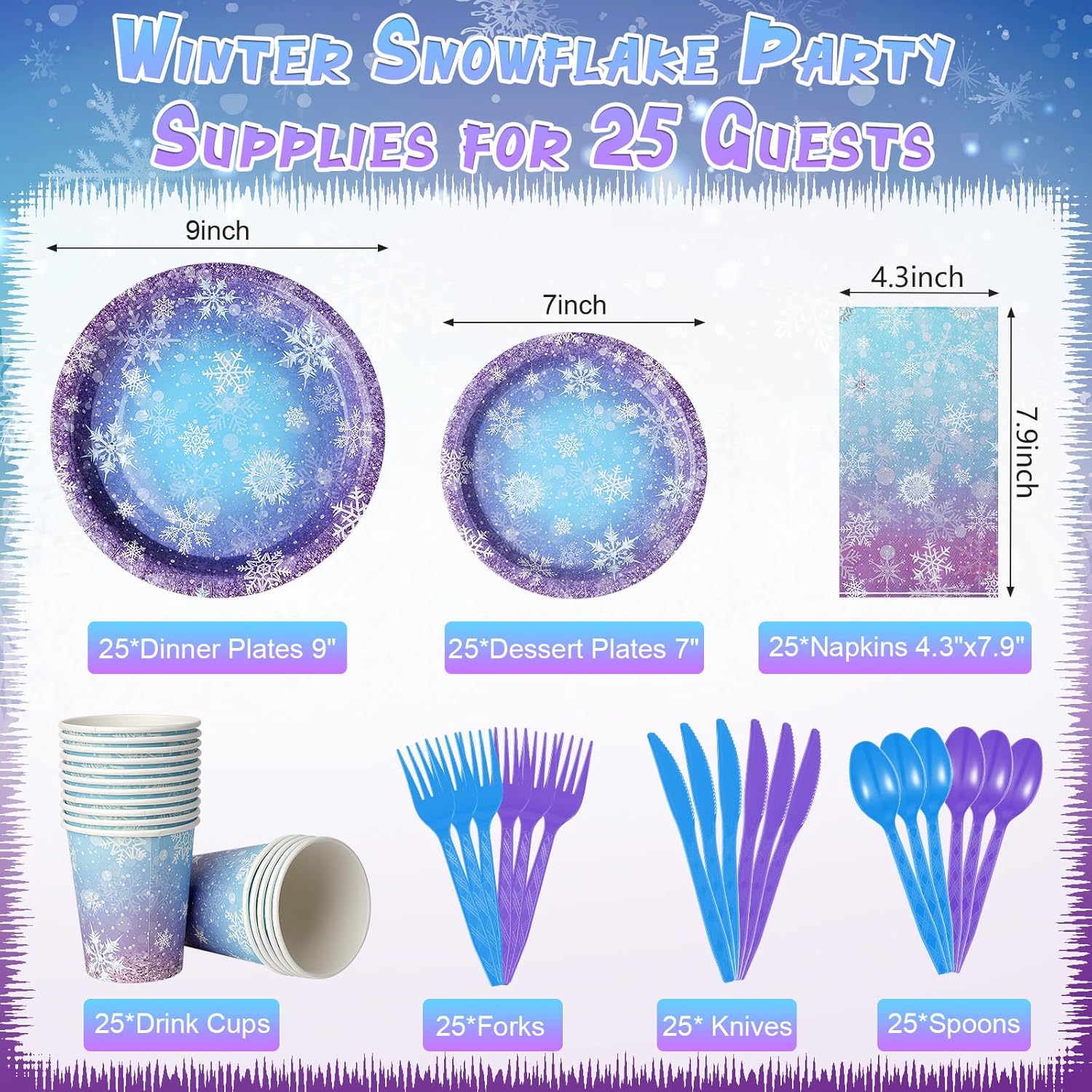  Blue and purple snowflake paper plates for winter party decorations