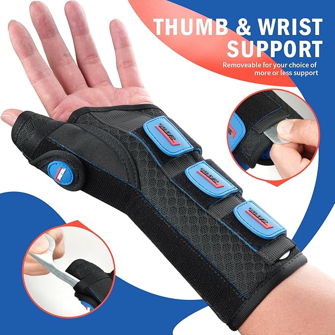 Blue thumb spica splint wrist brace for right hand, designed for tendonitis and arthritis support
