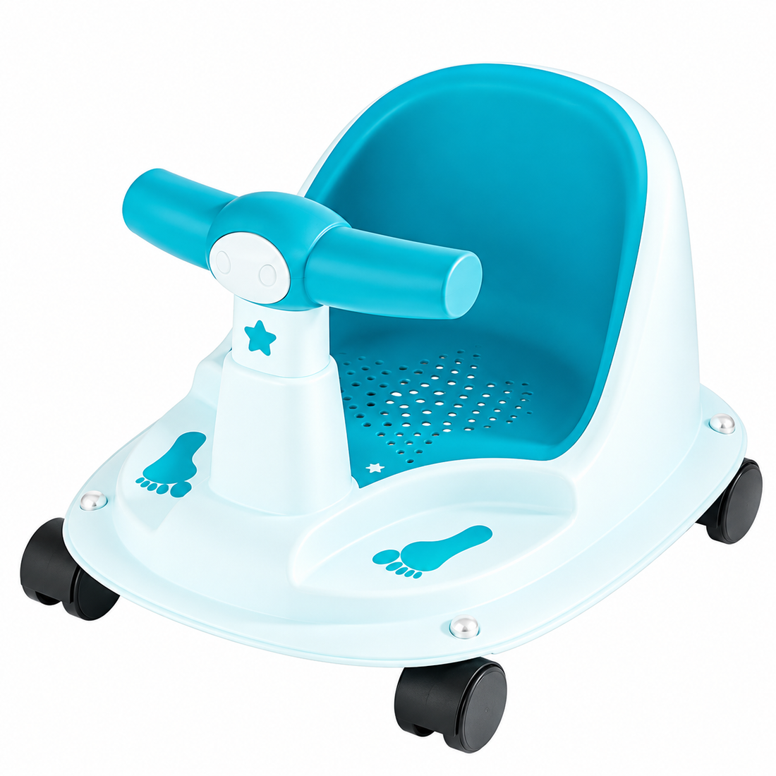  Blue and white baby seat with curved backrest, T-shaped handle, perforated seating area and four black wheels.