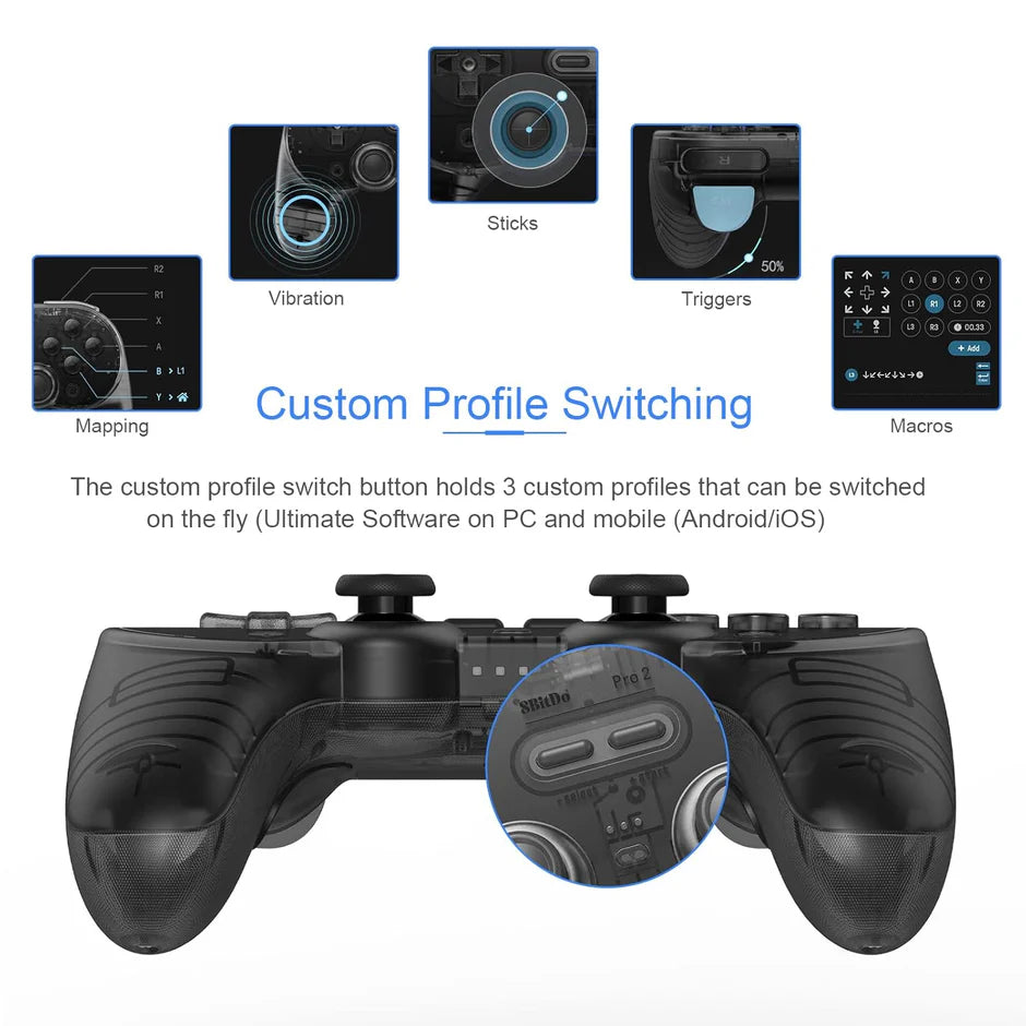 Bluetooth controller set placed on desk with gaming device setup
