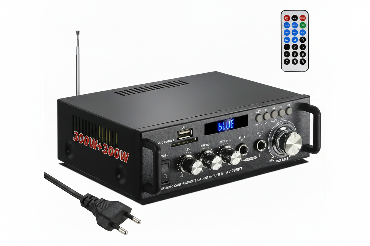 Rear view of Bluetooth digital audio amplifier with speaker outputs, input ports, and connectivity options.
