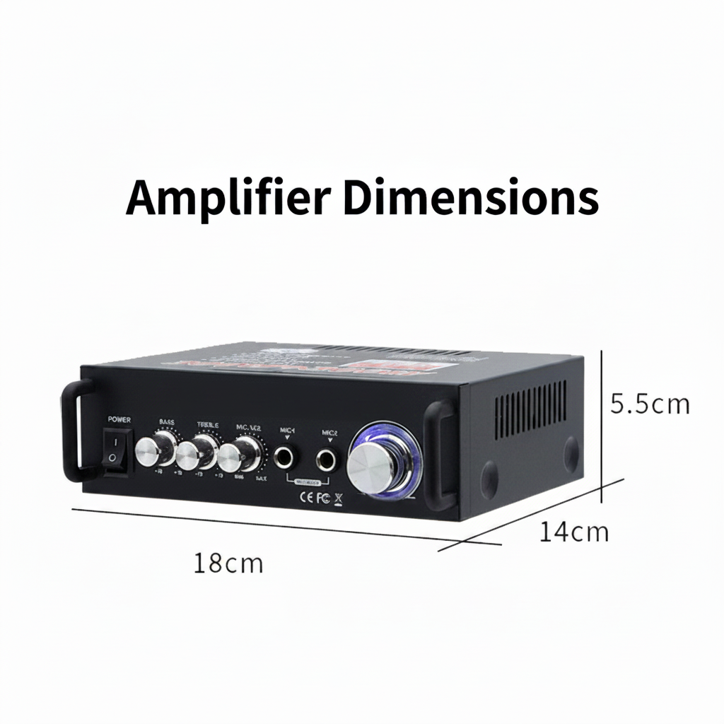 High-power Bluetooth audio amplifier connected to home speakers, demonstrating music playback.