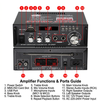 Complete package of Bluetooth digital audio amplifier including power cable and user manual.
