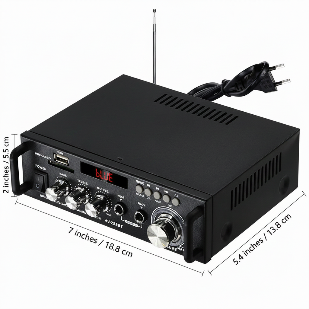 Side view of digital audio amplifier showing cooling vents and durable design for home audio setups.