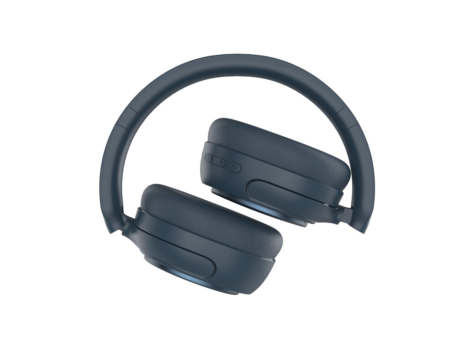 Wireless headphones showing physical buttons for playback and volume adjustment