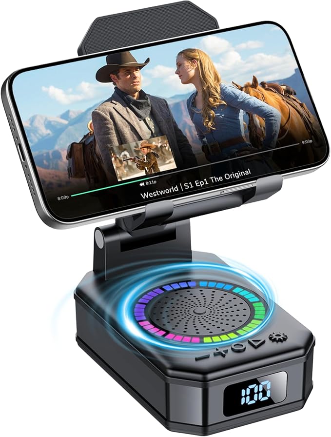 Bluetooth speaker phone stand with LED lights front view