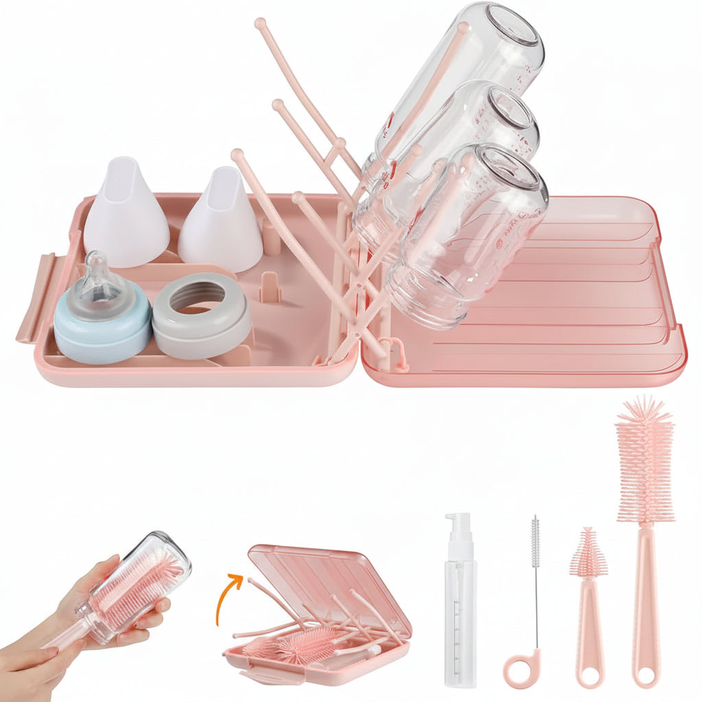 Bottle drying rack set with 6 in 1 bottle brush cleaner