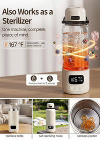 Rechargeable bottle warmer showing five adjustable temperature settings