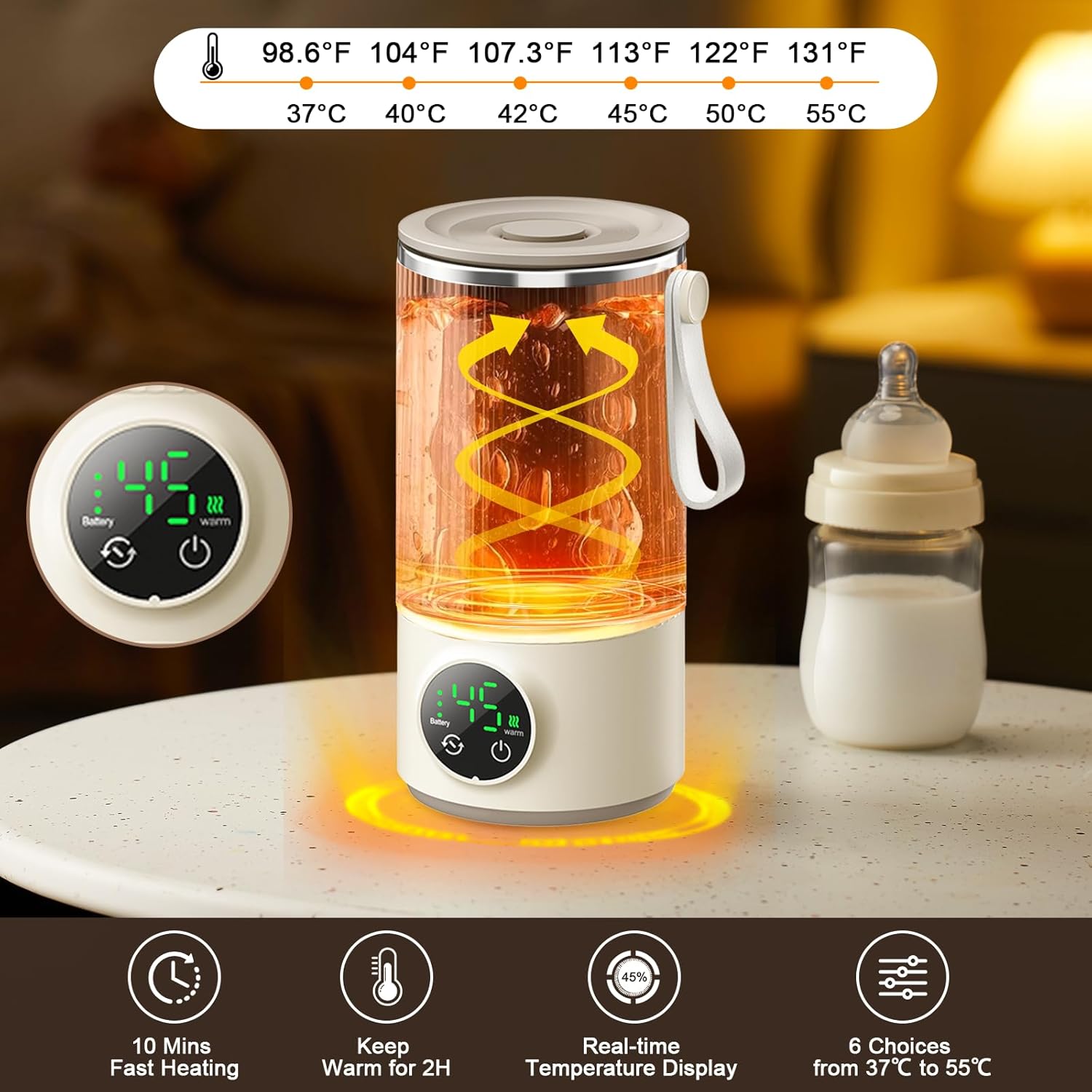 Portable milk warmer showing six adjustable temperature settings