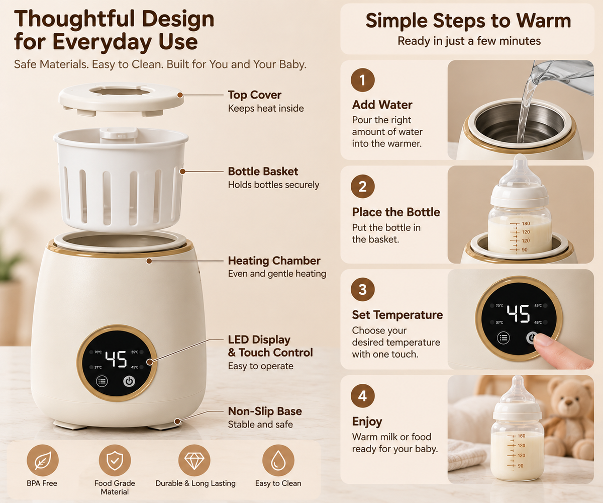 Electric breast milk bottle heater with temperature monitoring control panel