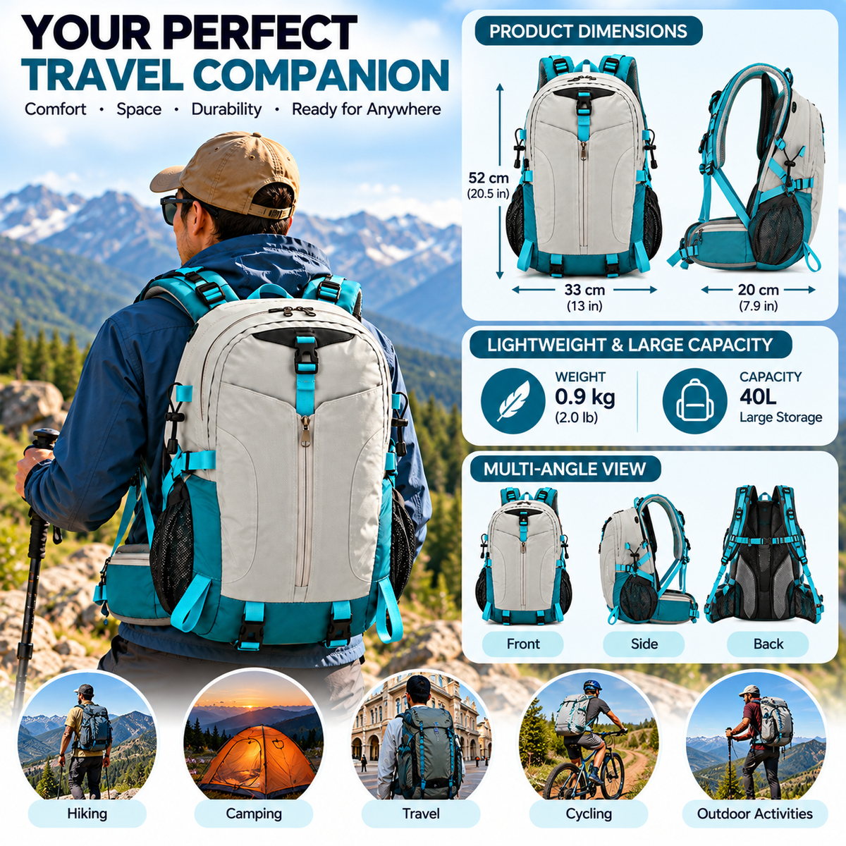 Close-up of the breathable back panel on an outdoor trekking rucksack.