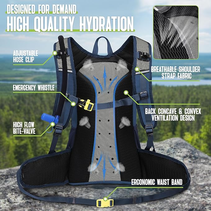 Breathable hydration backpack with storage compartments for outdoor essentials and gear