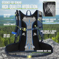 Breathable hydration backpack with storage compartments for outdoor essentials and gear