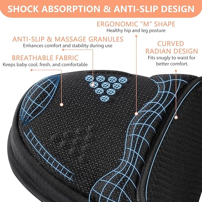 Breathable mesh fabric baby carrier, non-slip hip seat surface for secure baby support.