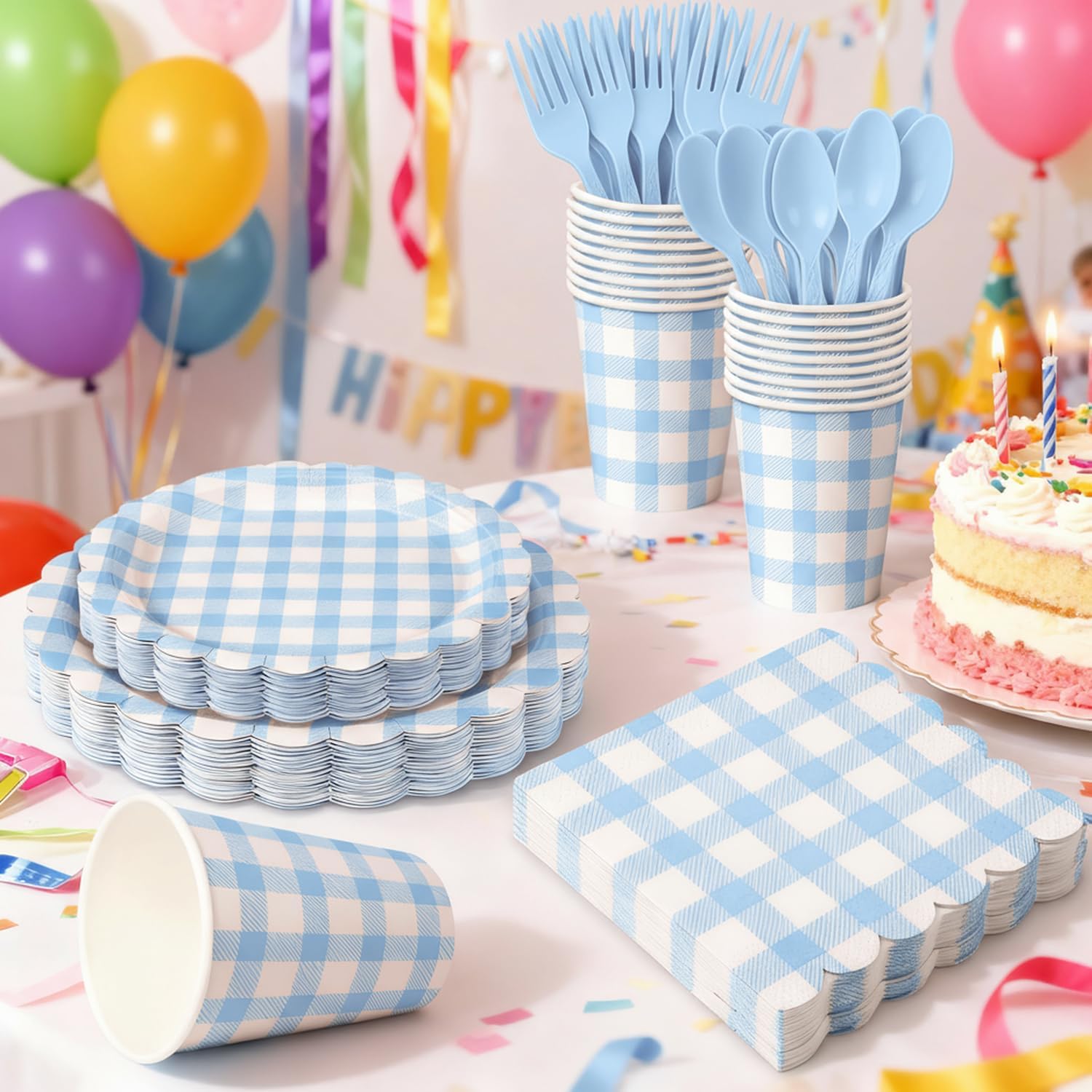  Blue gingham decorations and tableware for bridal shower parties