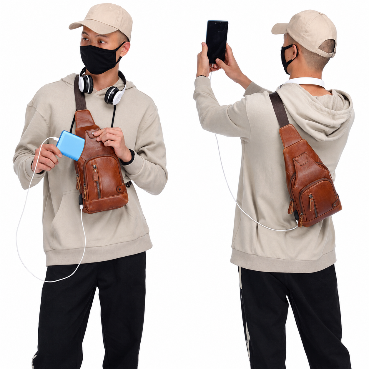 Brown leather crossbody bag with USB charging port