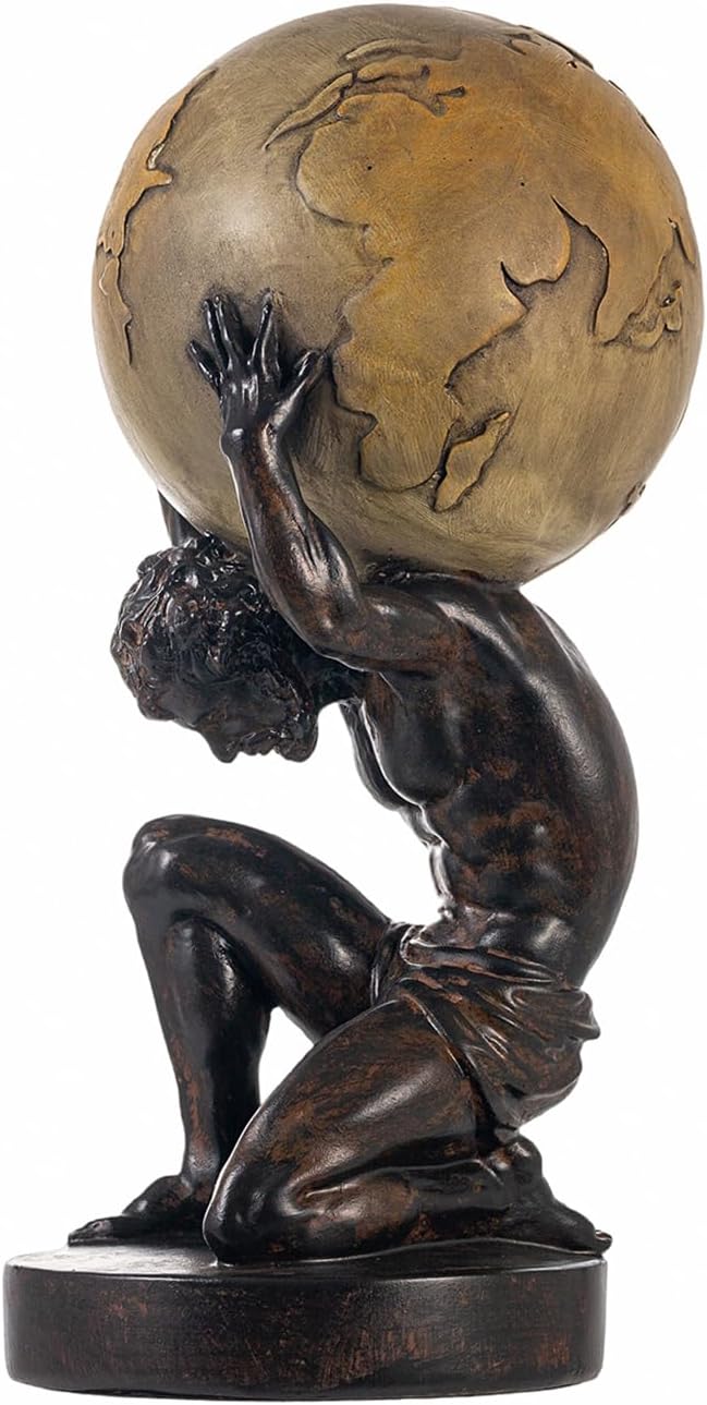 Close view of detailed brown resin Atlas sculpture