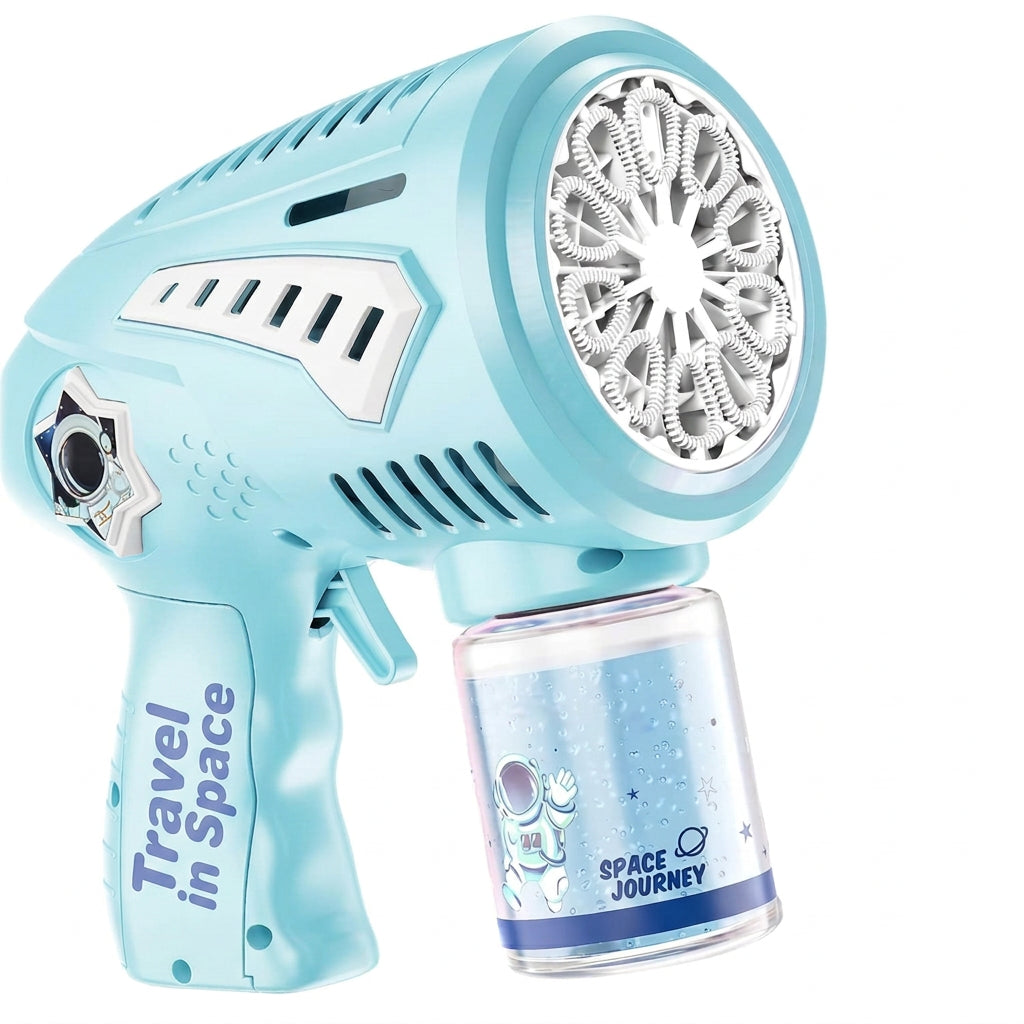 Rechargeable bubble gun for kids featuring a handheld electric bubble blower design.
