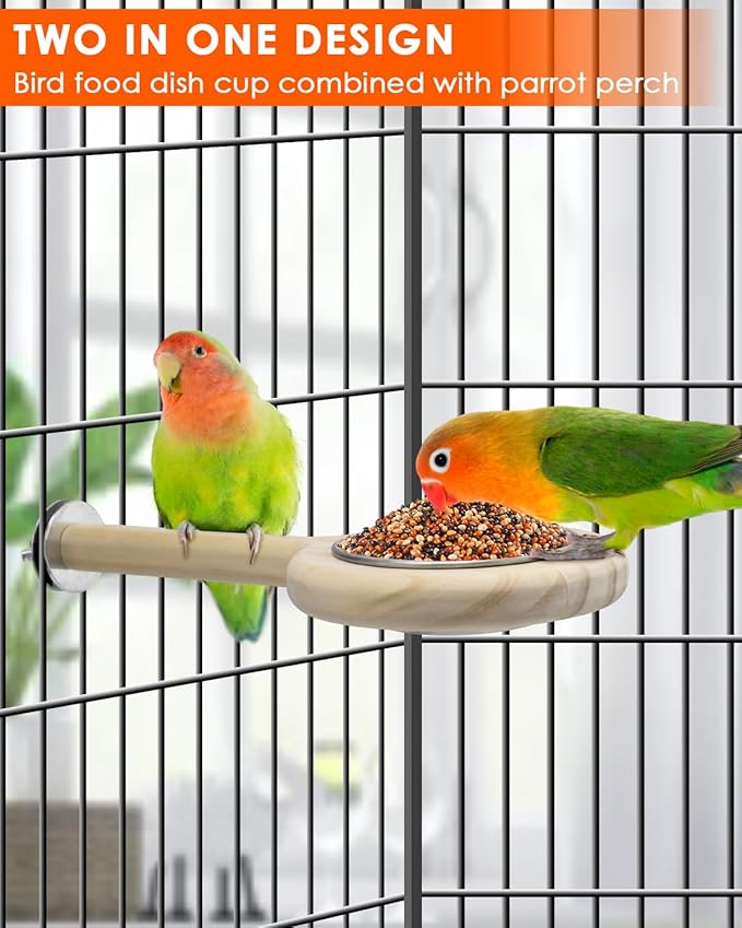 Budgie Lovebird Perch with Feeding Cup Wooden Cage Toy